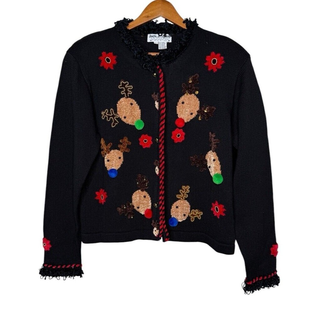 Vintage Jack B Quick Christmas Cardigan Sweater Sz Large Reindeer Bells Black